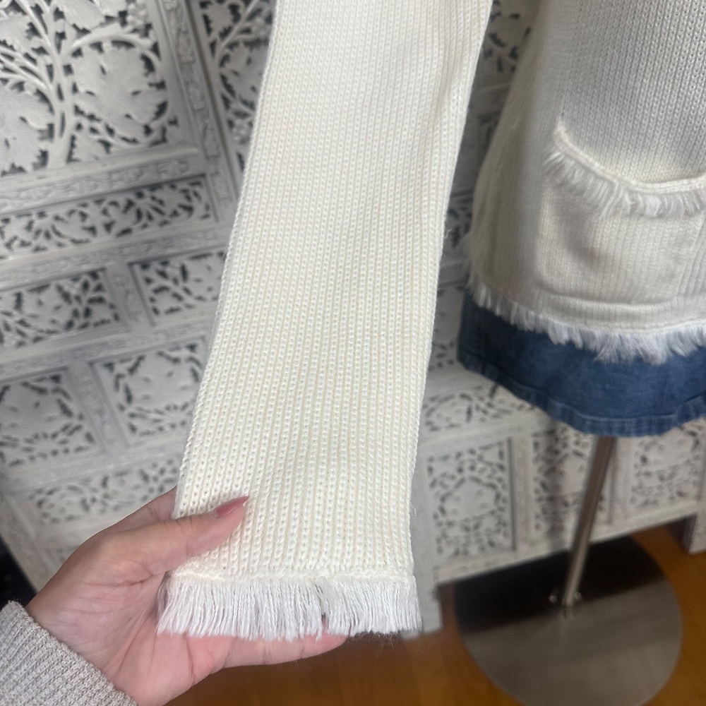 Chadwicks Ivory Button Up Cardigan With Fringe Trim & Pockets Sz Small - Picture 4 of 8